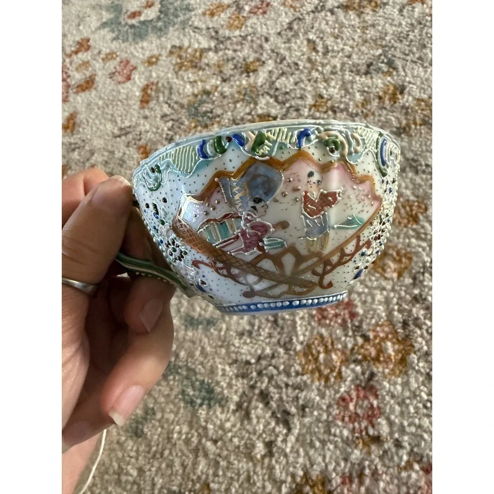 Vtg Japanese Satsuma Moriage Eggshell Porcelain Teacup Hand Painted Gold‎ 3.75